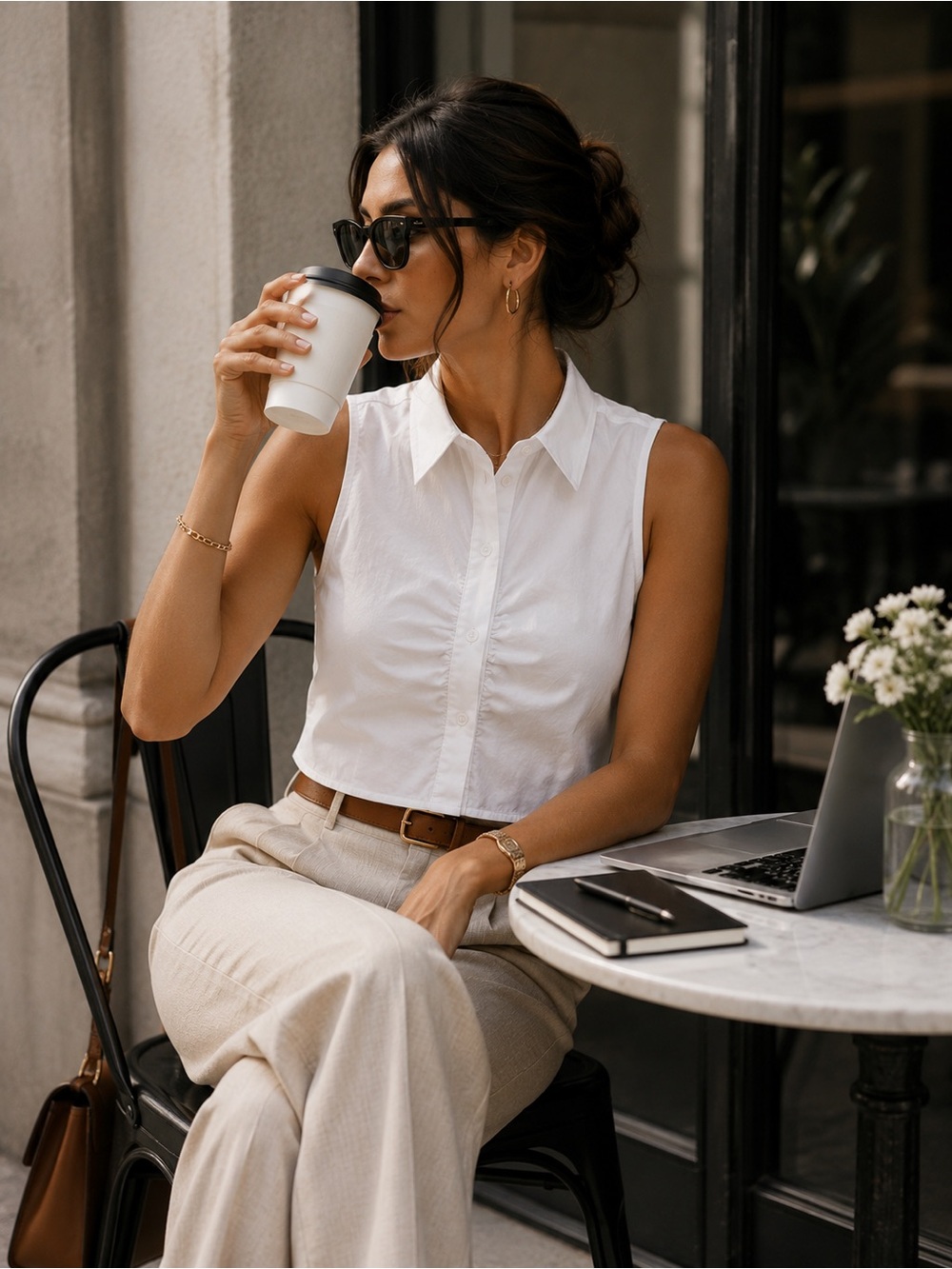 Calvin Klein Jeans White Sleeveless Collared Crop Blouse - Picture 5 of 6